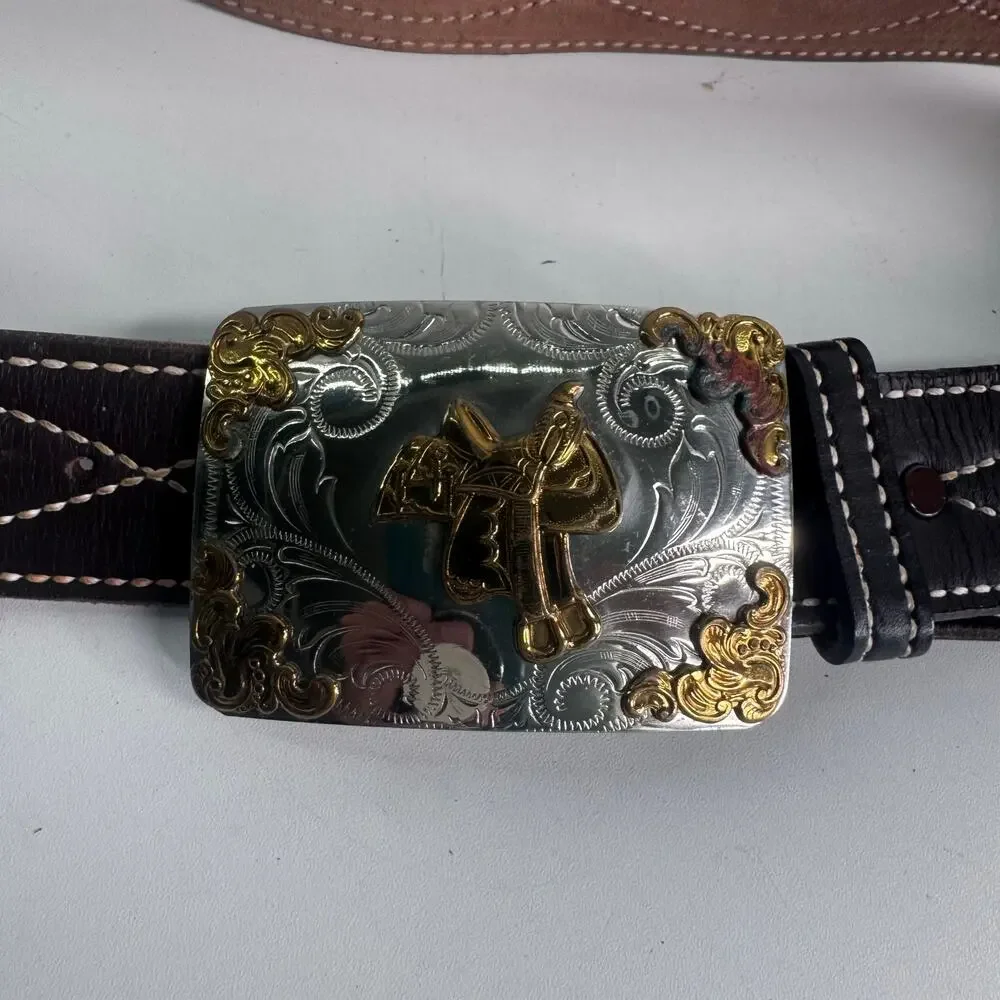 Vintage Cowboy Saddle Nickel Silver Cowboy Belt Buckle and Brown Woven Belt 45in